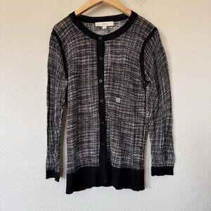 Loft Womens Medium Sweater Cardigan Gray Button 3/4 Sleeve Knit Plaid